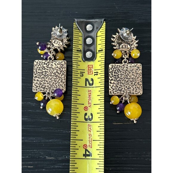 Celestial Sun & Moon Statement Pierced Earrings Yellow & Purple Glass Beads Boho - Picture 5 of 6